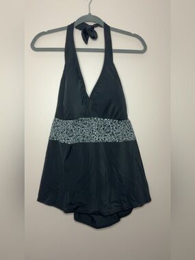 Inches Off Black Halter Swimdress with Patterned Waistband